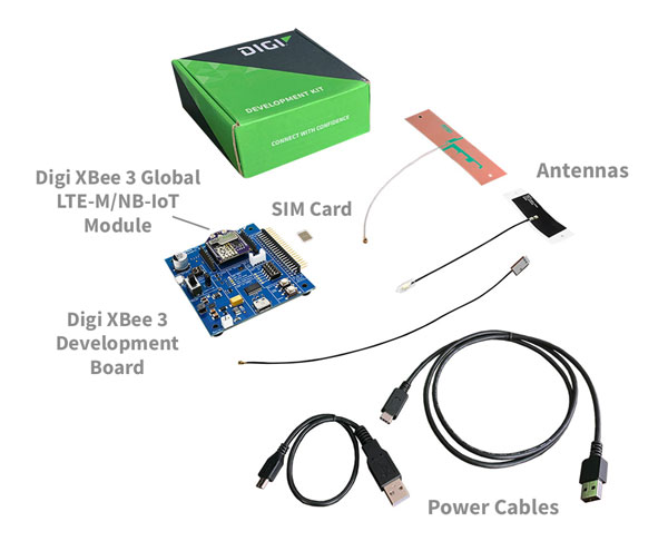 Carte de développement XBee 3, antennes, carte SIM, module XBee 3, cordons USB