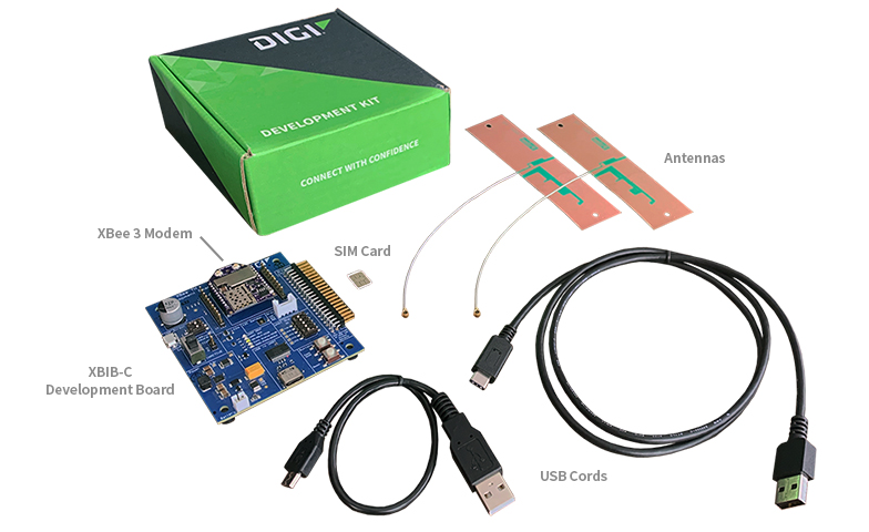 Carte de développement XBIB-C, antennes, carte SIM, modem XBee 3, cordons USB