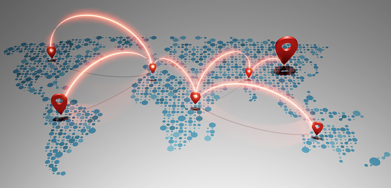 Carte avec des repères indiquant les connexions mondiales