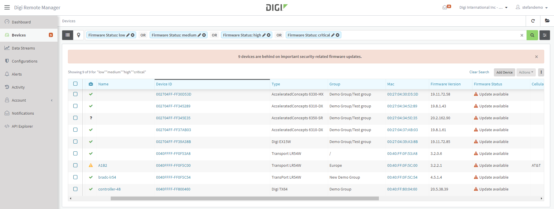 Digi Remote Manager - État du micrologiciel