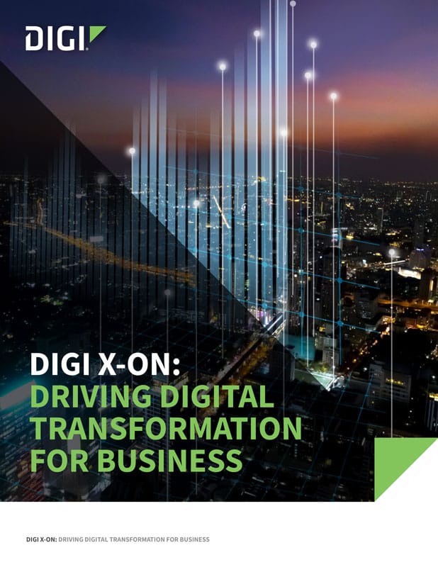 Page de couverture de la présentation de la solution Digi X-ON intitulée "Driving Digital Transformation for Business", représentant un paysage urbain numérique avec des lignes lumineuses.