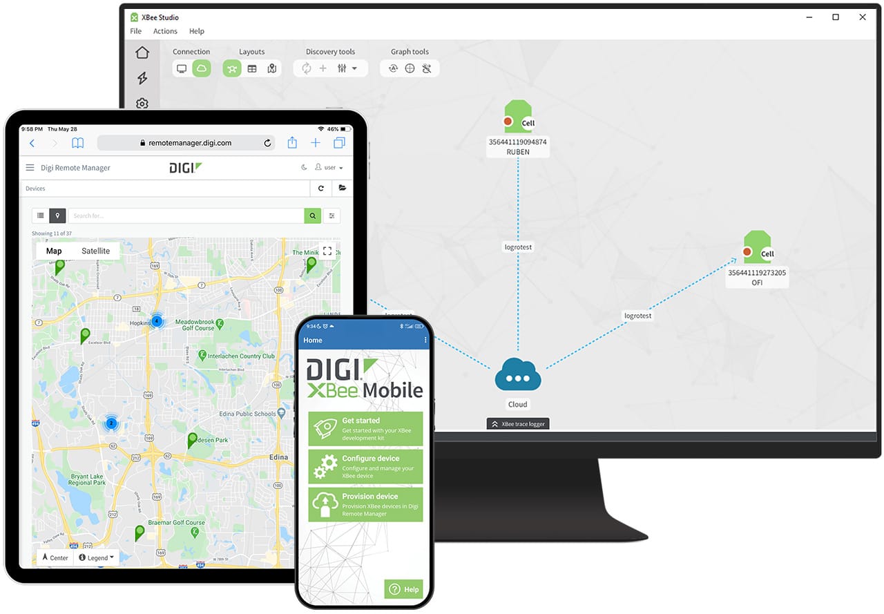 Tablette, smartphone et ordinateur de bureau affichant le logiciel Digi Digi XBee avec des cartes, la gestion des appareils et des connexions en nuage.