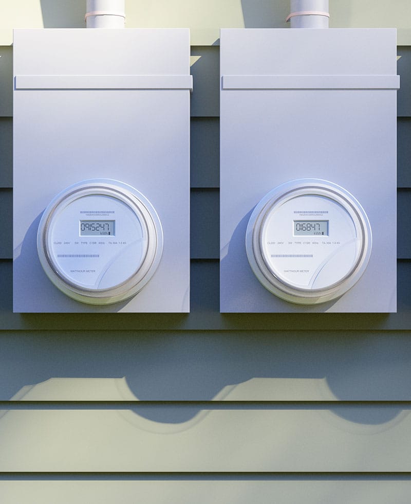 Deux compteurs électriques intelligents installés sur le mur extérieur d'un immeuble résidentiel.