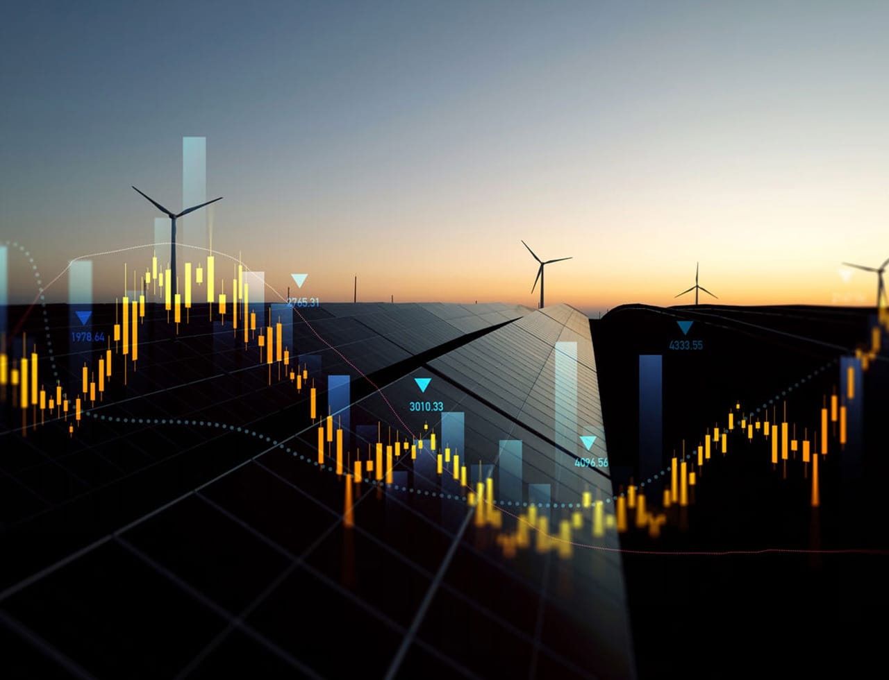 Des panneaux solaires et des éoliennes au coucher du soleil, superposés à des graphiques représentant les données du marché de l'énergie et illustrant les analyses du réseau intelligent.