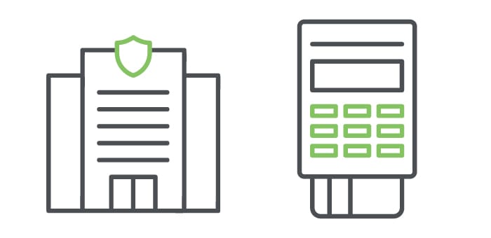Bâtiment sécurisé avec icône de bouclier et terminal de paiement