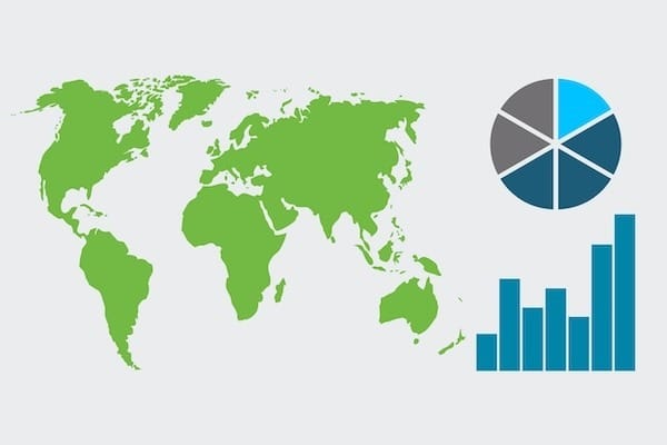 Carte du monde avec diagramme circulaire et graphique à barres illustrant l'analyse des données mondiales